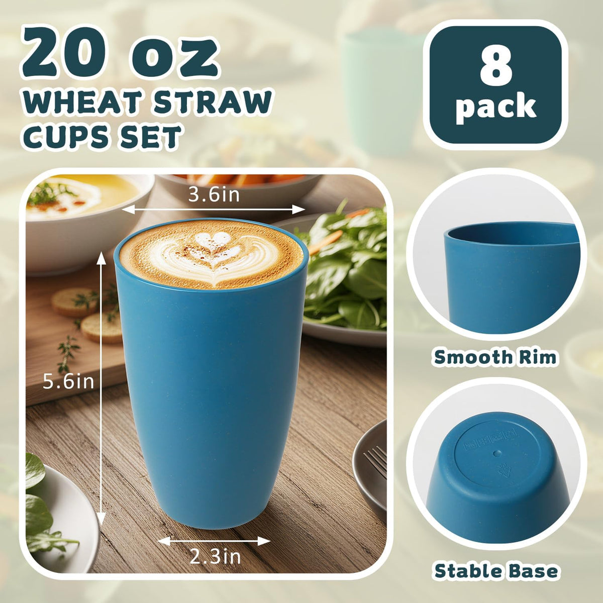 Wrova set of 8 black reusable wheat straw cups, 20 oz, stackable - view 15
