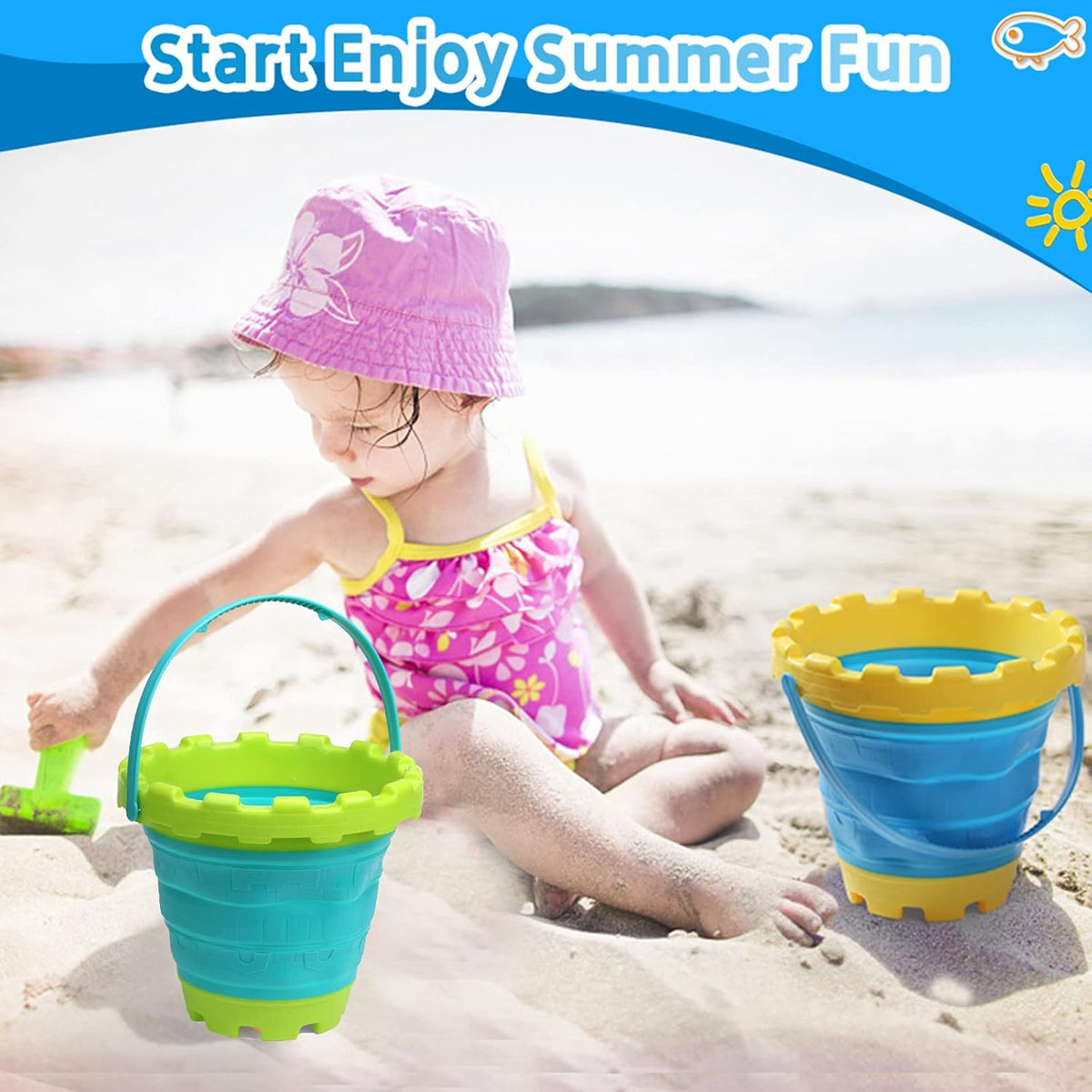 Anzmtosn castle sand buckets 3 pack, 7 inch green and blue beach pails with handles - view 13