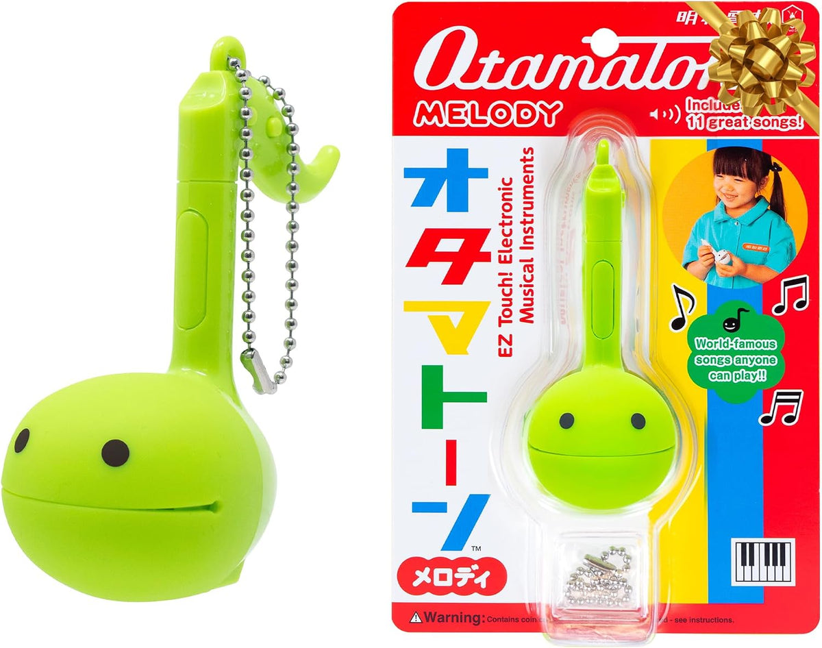 Otamatone Melody musical electronic instrument toy keychain in lime green note shape - view 2