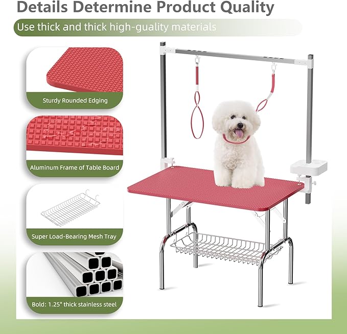 VFK 36''/47''Large Dog Grooming Table, Foldable Pet Station at Home, Dog Grooming Table,Adjustable Cat Drying Desktop with Arms, Nooses, Mesh Tray (Stainless Steel pet Table, 36" Pink)