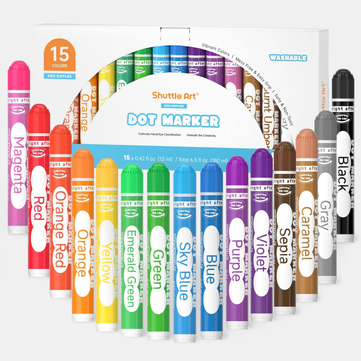 Shuttle Art Dot Markers, 15 Colors Washable Markers for Toddlers - 15 Colors / 15