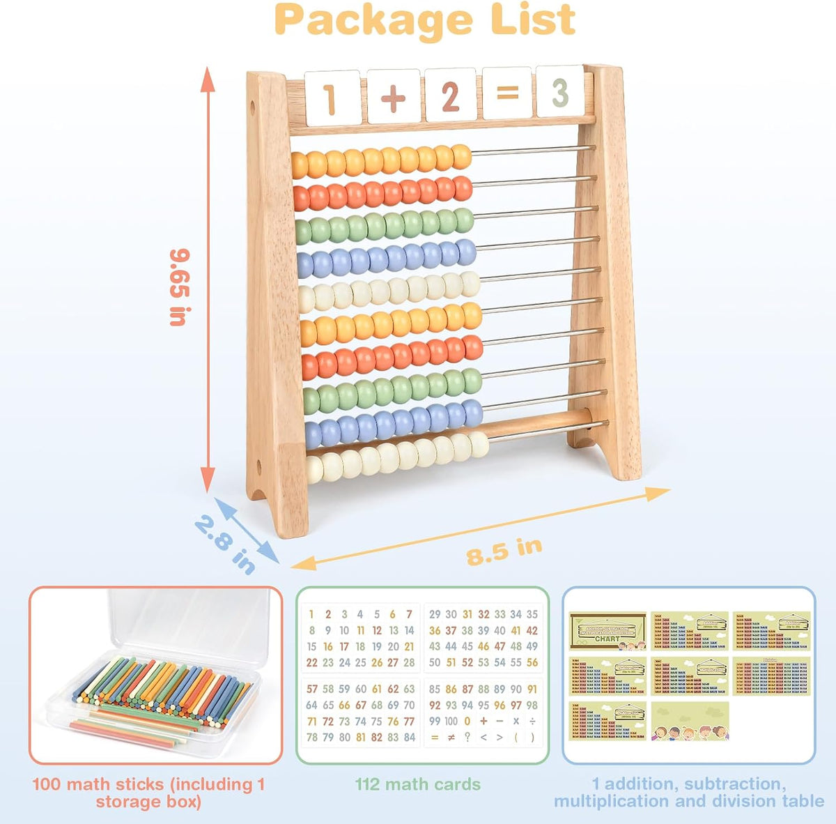 Vanplay wooden abacus for kids math with neutral beads, math cards and counting sticks - view 2