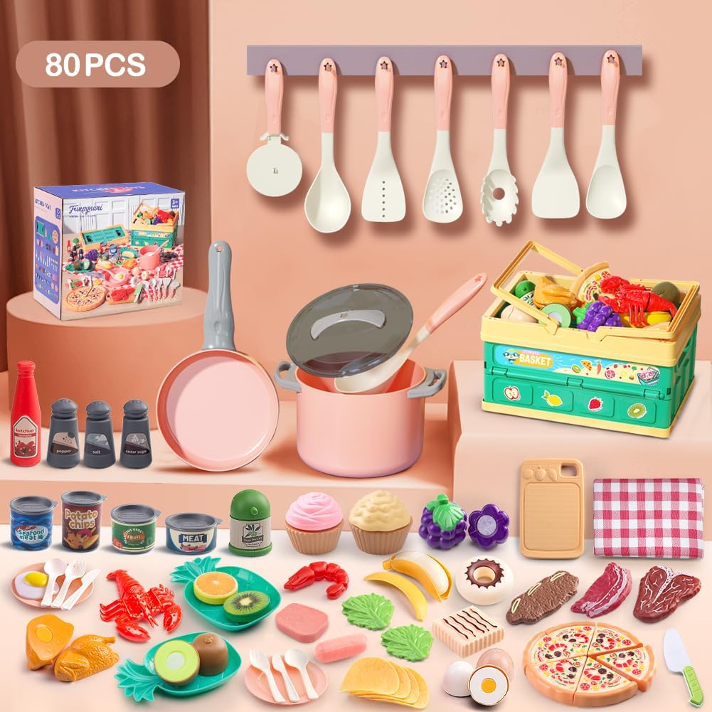 130Pcs Kitchen Playset, Toddler Pretend Cooking Play Pots, Pans - Pink / 80 Pcs - image 2