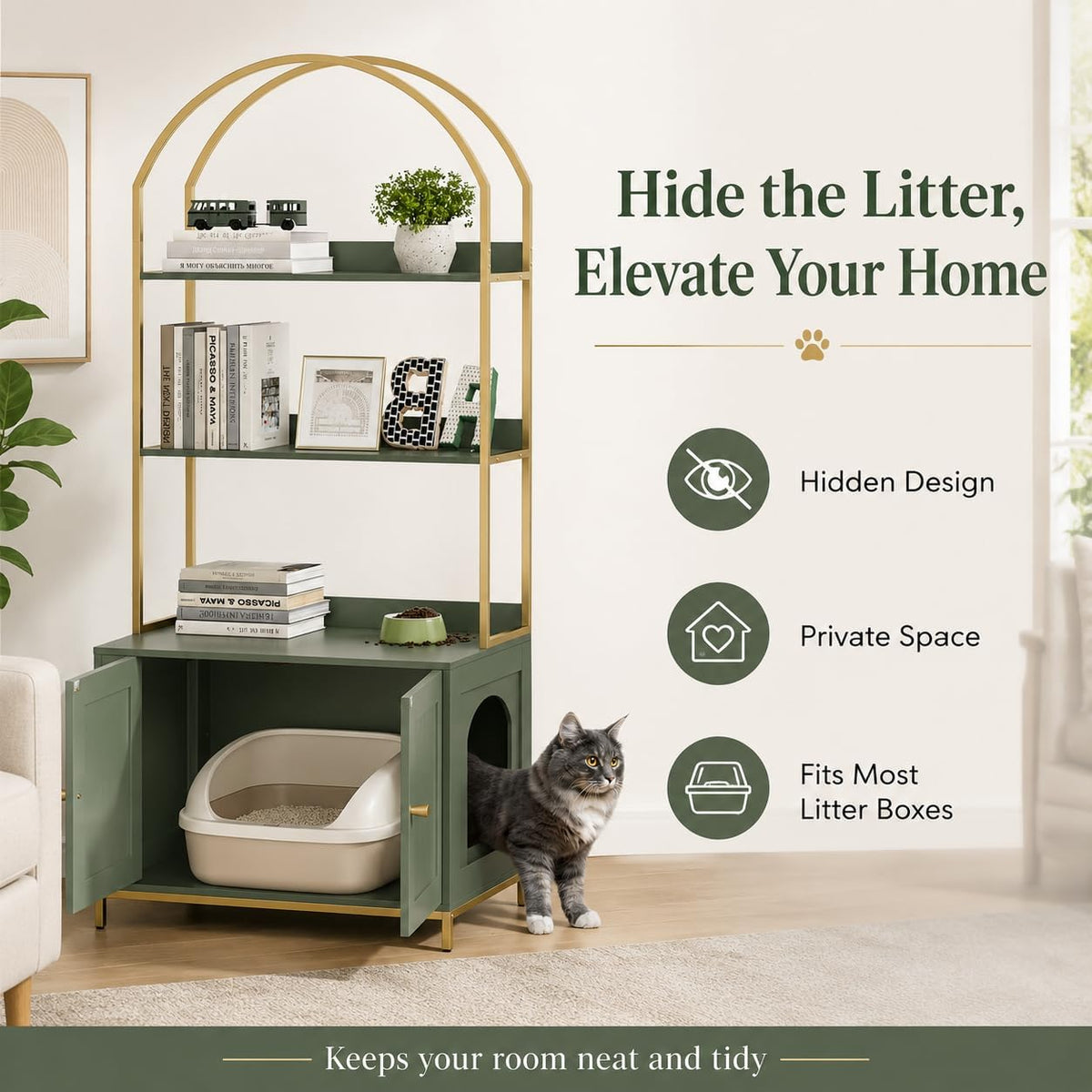 Cat Litter Box Enclosure with 2-Tier Shelves - Green and Gold - image 3