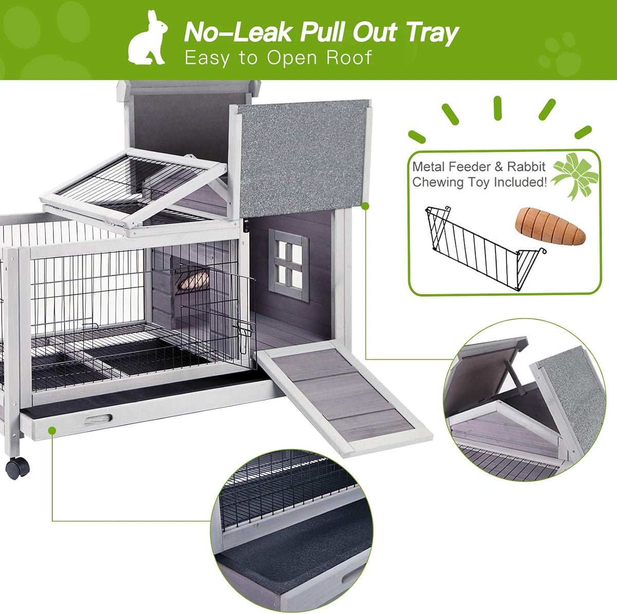 Indoor Rabbit Hutch Bunny Cage with 4 Casters - image 3