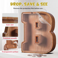 KMC wooden letter piggy bank, oak initial coin bank with clear plexiglass front - view 15