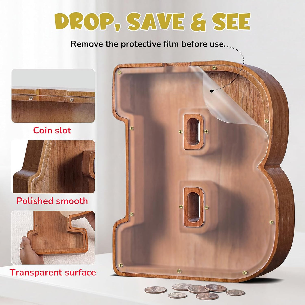 KMC wooden letter piggy bank, oak initial coin bank with clear plexiglass front - view 15