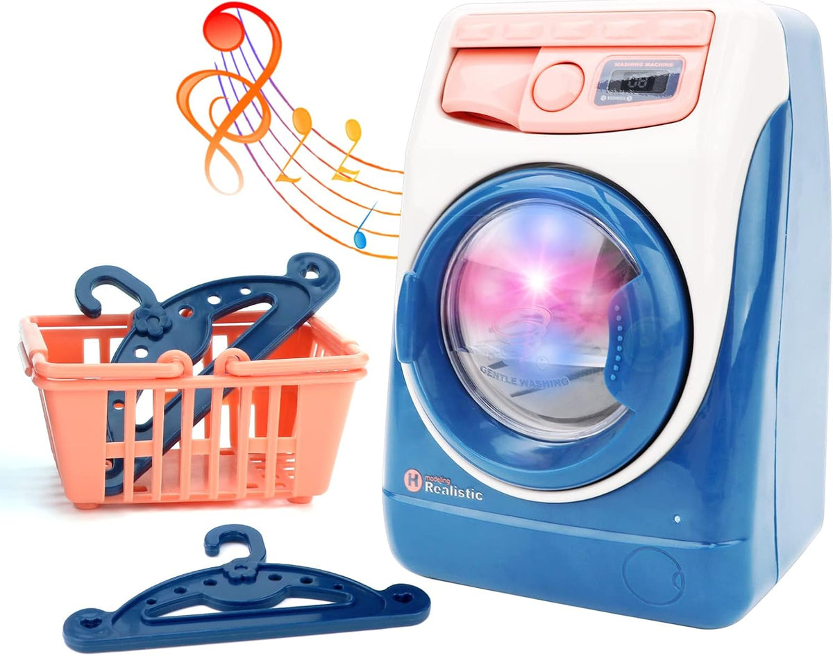 deAO Washing Machine Toy for kids Sound Lights Laundry Play Set - Blue
