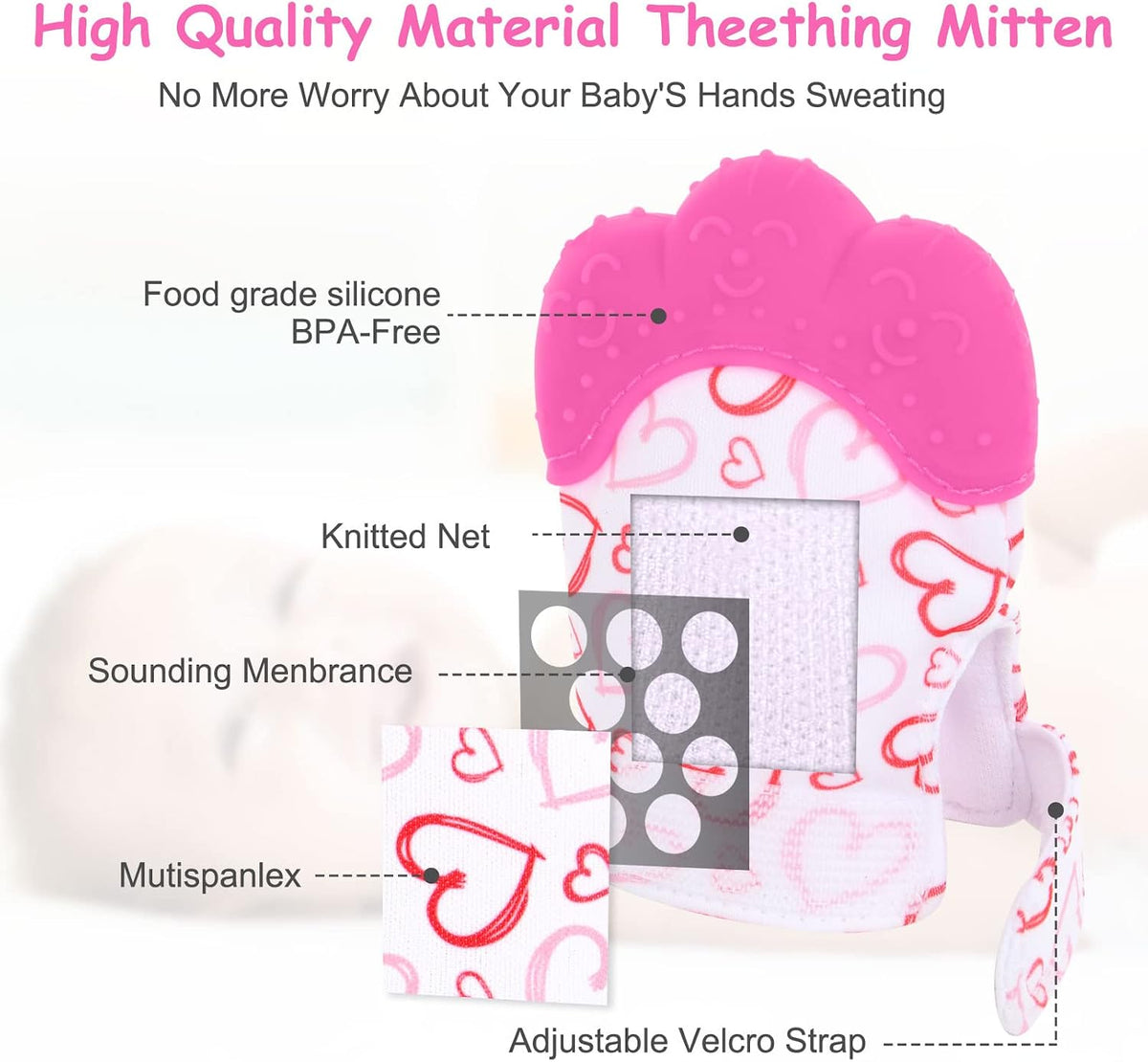 2Pack Silicone Teething Mitt - pink heart - image 3