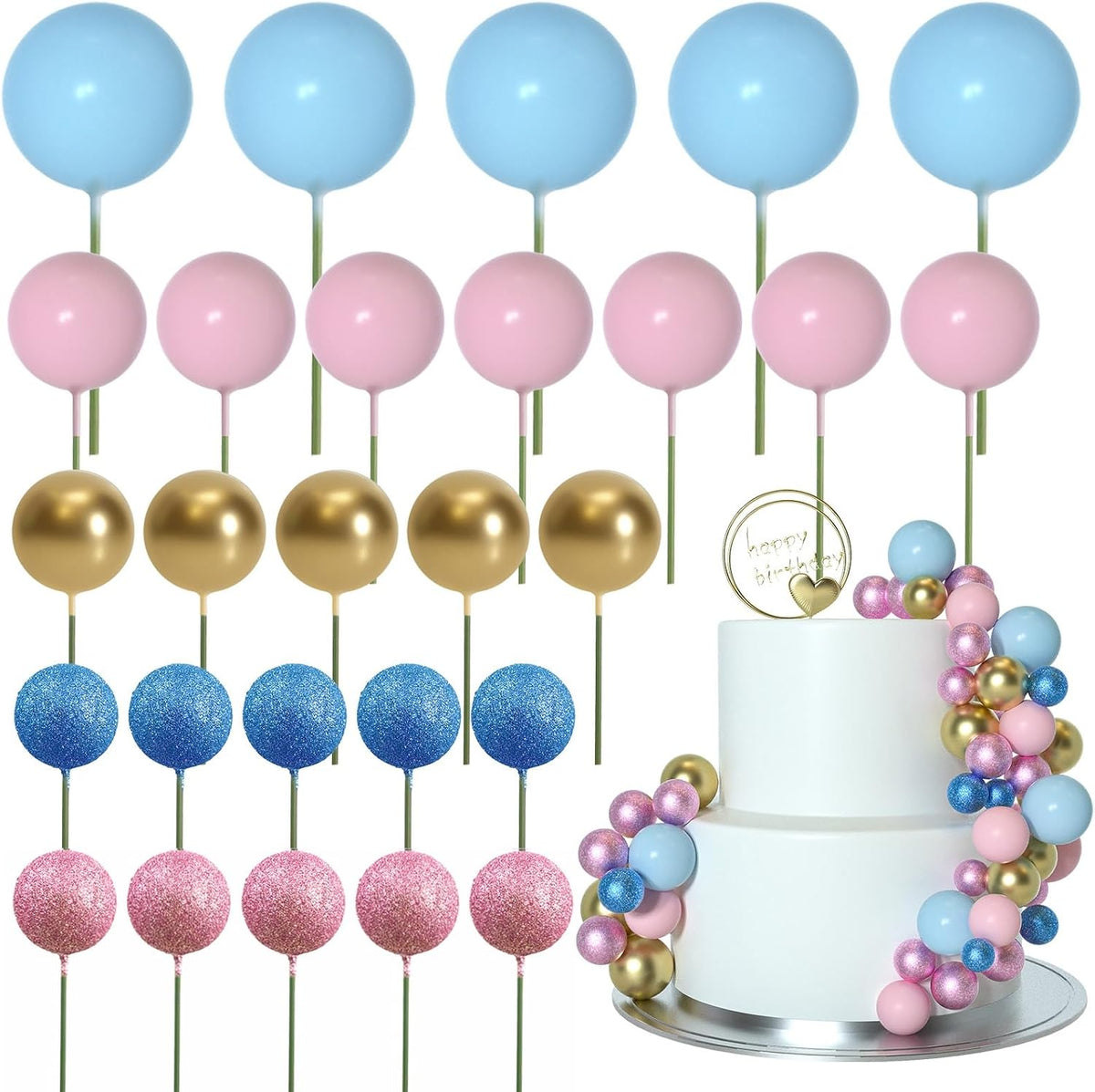ASTARON 50 Pcs Ball Cake Topper Sticks Mini Balloons for Cake - Pink Blue Series