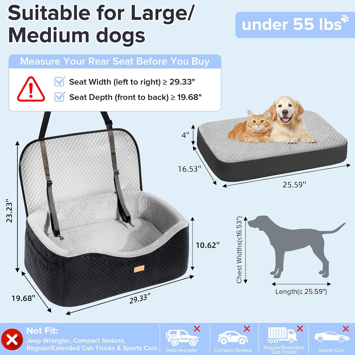 BLVRYVIO Large Dog Car Seat for Medium Sized Dogs Under 55lbs or 2 - Black/Gray / Large - image 2