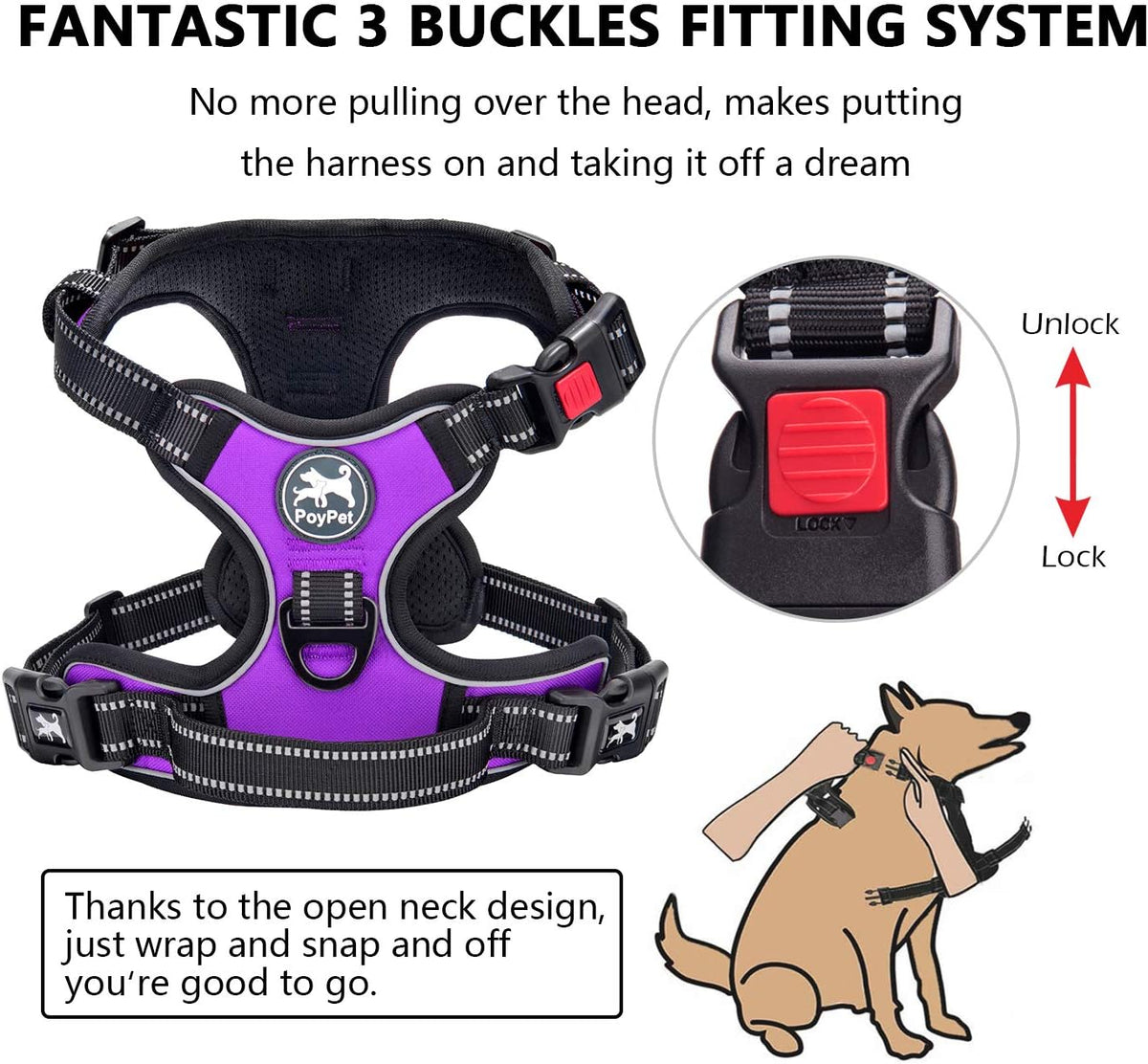 PoyPet No Pull Dog Harness Medium with Front Clip & Neck Release - XS / Purple - image 2