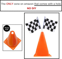 YOELVN race car party cones, six orange 7 inch traffic cones holding checkered flags - view 10