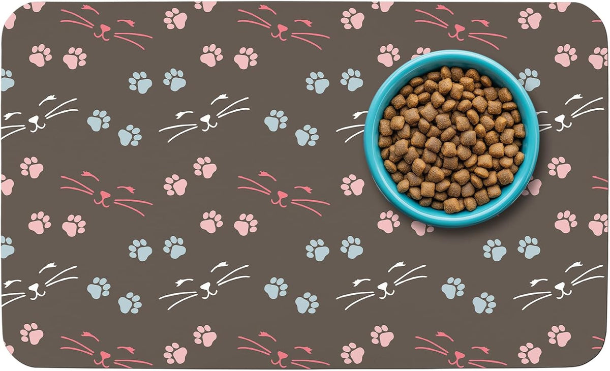 Patterned Cat & Dog Bowl Mat for Food and Water - Small (12" x 20") / Dark Brown-catpaw