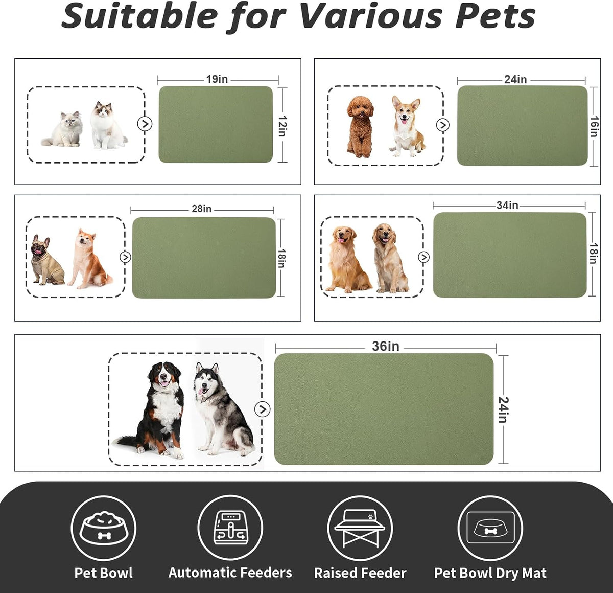 HotLive Dog Food Mat, Absorbent Cat Mat for Food and Water - Green / 34"L x 18"W - image 4
