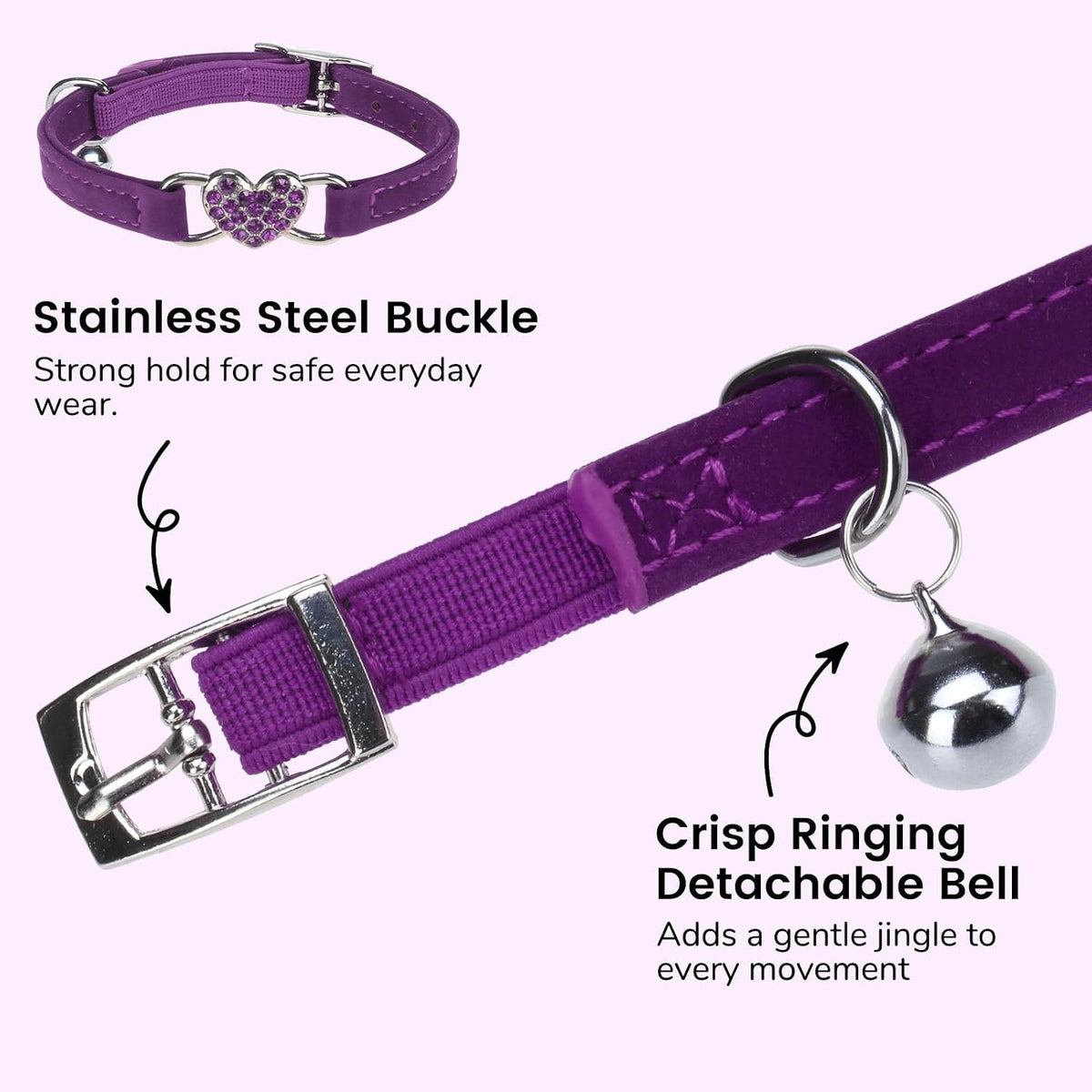 BINGPET Diamond Cat Collar with Bell, Adjustable Kitten Collar - Purple(Heart) / Neck Girth 8"-10" - image 4