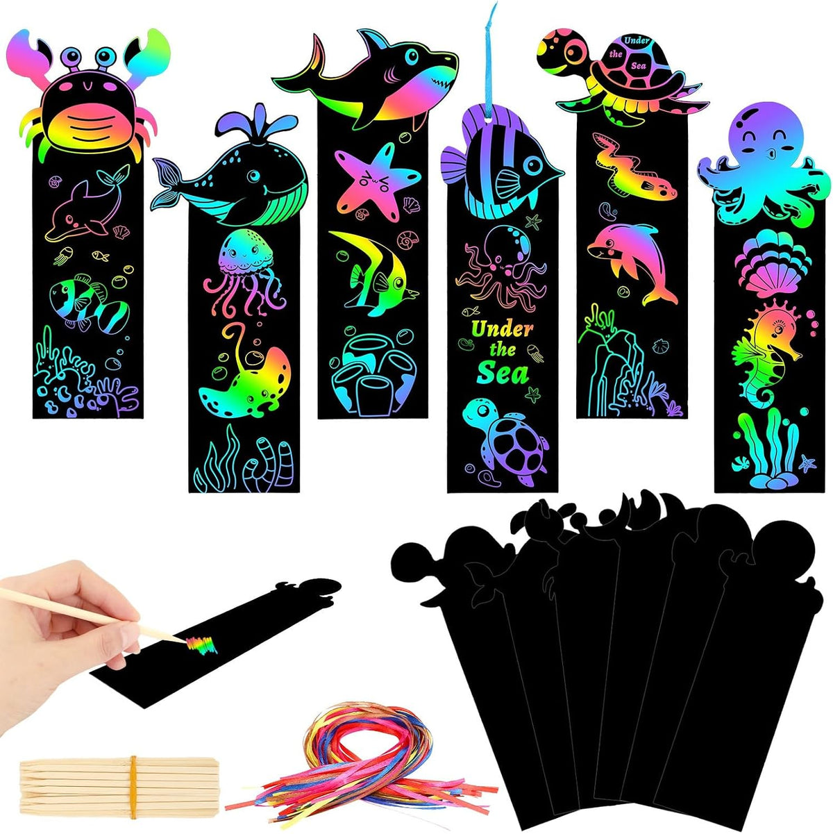 AUGSUN fall rainbow scratch art bookmarks with pumpkin and leaf designs - view 6