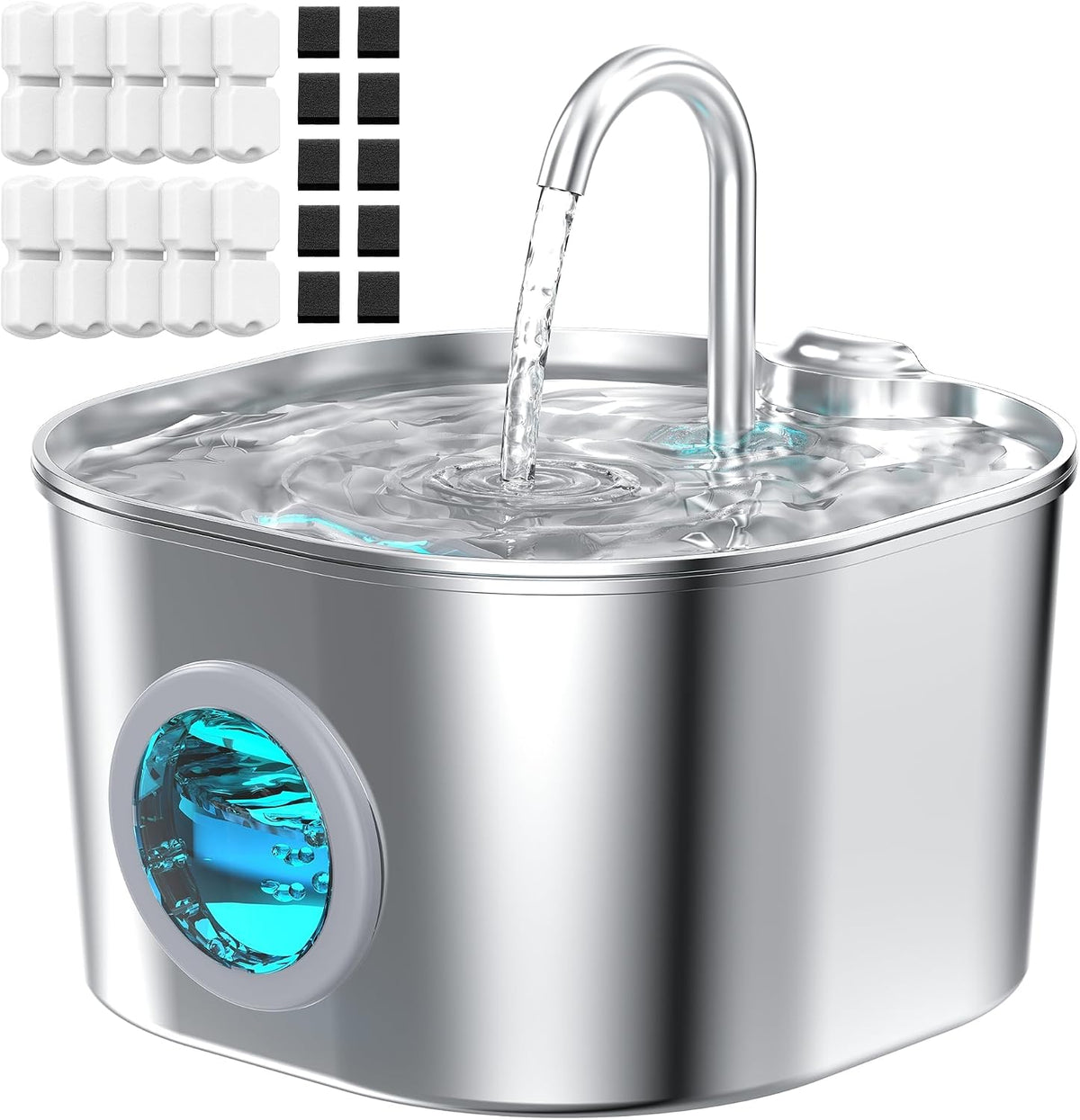 Cat Water Fountain Stainless Steel: Pet Fountains for Cats/Dog Indoor - 74oz/2.2L Cat Fountain + 10 Filters + 10 Sponges