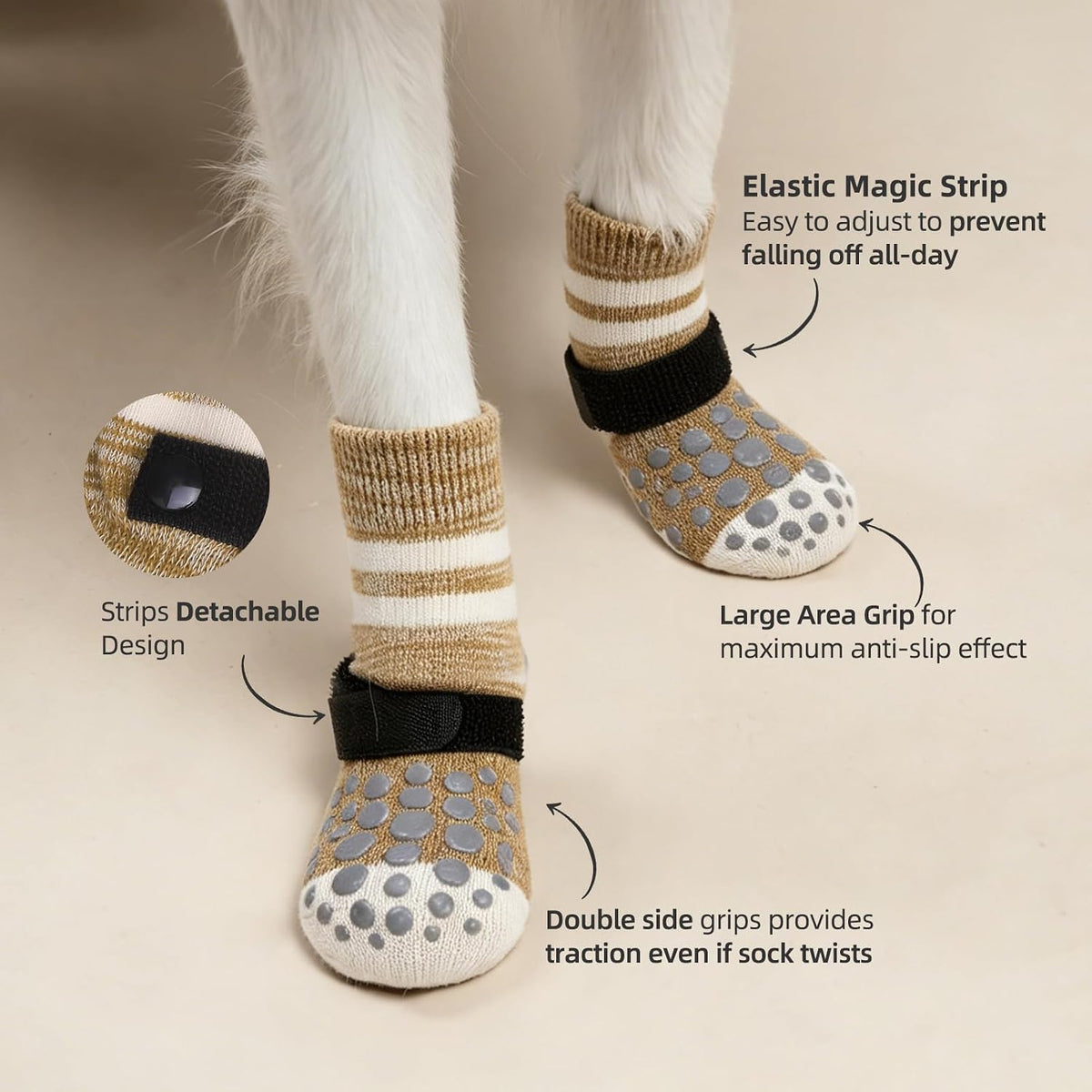 PUPTECK Anti-Slip Dog Socks with Double Sides Grips for Small Medium - Khaki(Striped) / X-Large (4 Count) - image 4