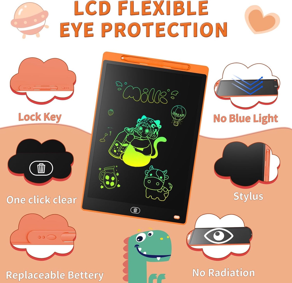 [2 Pack] Genialba LCD Writing Tablet 10-Inch Colorful Doodle Board - Orange / 10 Inch / 1 - image 2