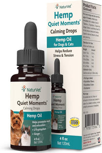 NaturVet – Hemp Quiet Moments Calming Drops - 4 oz – Enhanced with Hemp Seed Oil, L-Tryptophan & Ginger – Helps Reduce Stress & Promote Relaxation – for Dogs & Cats