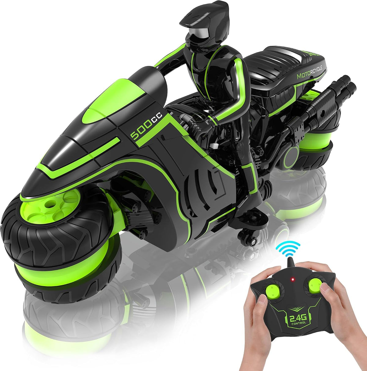 Eulogia remote control motorcycle with glowing RGB wheels, detachable rider and side wheels - view 2