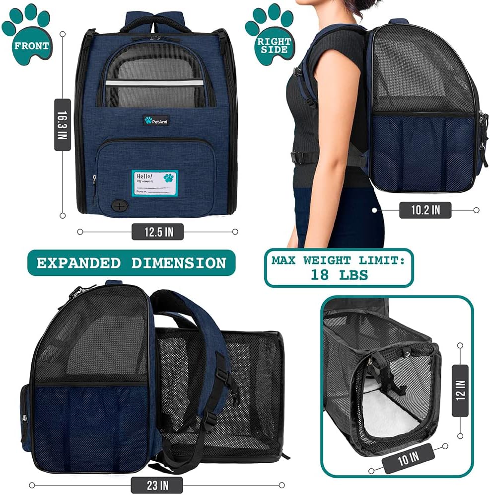 PetAmi Expandable Dog Cat Backpack Carrier, Airline Approved - 12.5"L x 10.2"W x 16.3"H / Navy - image 2