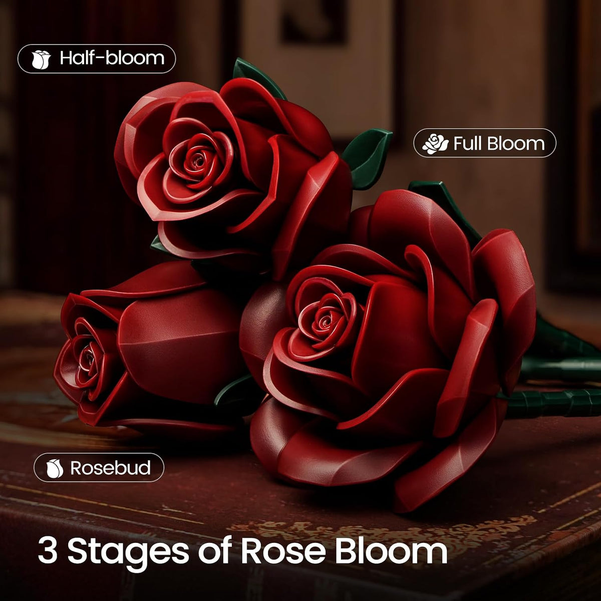 iATOM Black Roses Flower Building Set 3Pack Basket Stuffers Gift - Burgundy Red - image 3