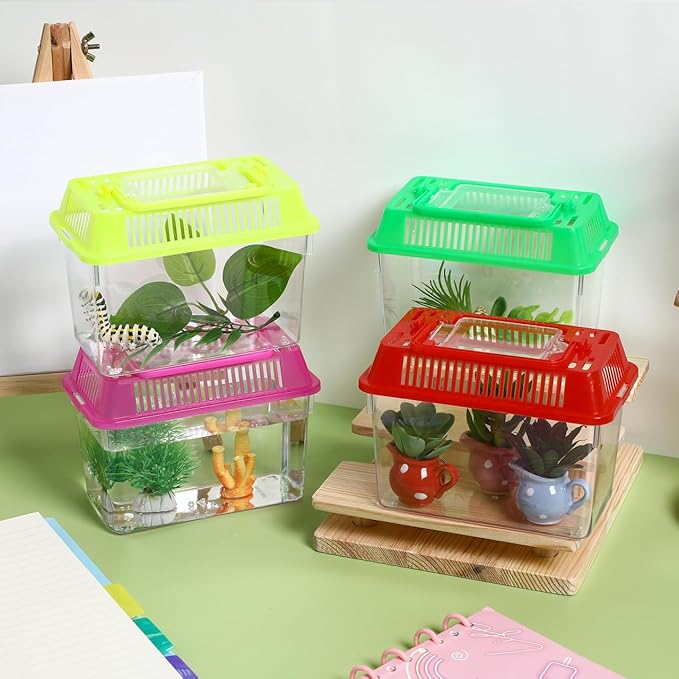 4pcs Mini Fish Tank: Portable Handheld Fish Tank Lightweight Aquarium Mini Portable Snail Terrarium Crabs Habitat for Shrimp Turtle Shrimp Goldfish Beach Toys Plastic (Random Color) 5.89X4.32X3.73In