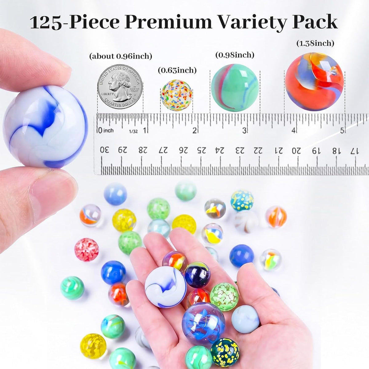 Shindel 125 assorted glass marbles in three sizes with plastic storage jar - view 2