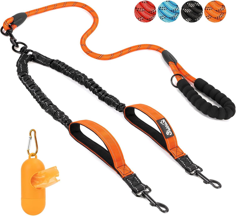 SlowTon Double Leash for Two Dogs, No Tangle & with Two Handles - Orange / 2 Handles (2 Dogs Total Weight 8-35lbs)
