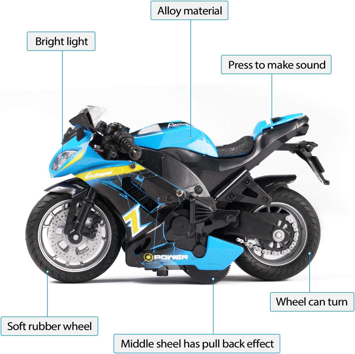 Toy Motorcycle, Pull Back Toy Car with Sound and Light Toy - Blue - image 2