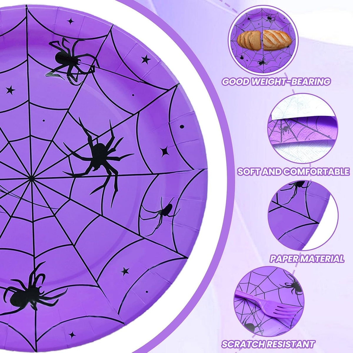 Gistome 96-piece Halloween spider web tableware set with plates, napkins and forks - view 11