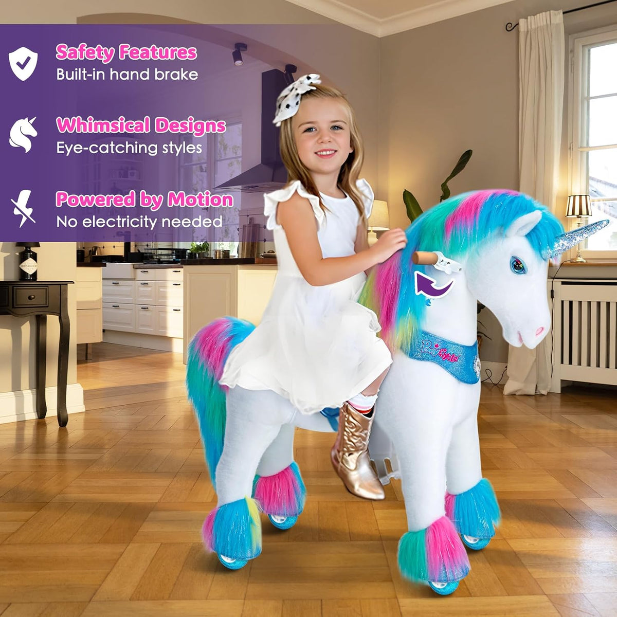 PonyCycle rainbow ride-on unicorn for toddlers with plush body, handlebars and hand brake - view 14