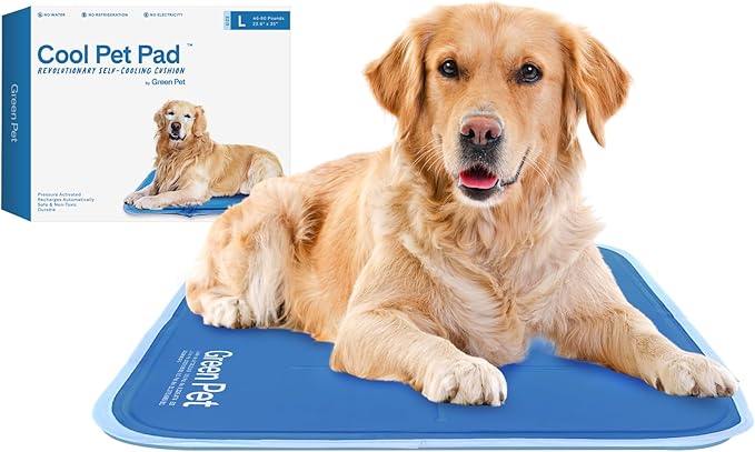 The Green Pet Shop Cool Pet Pad - Large, Blue - Self-Cooling, Pressure Activated Mat for Dogs & Cats from 46-80 lbs - Non-Toxic Gel, No Water Needed