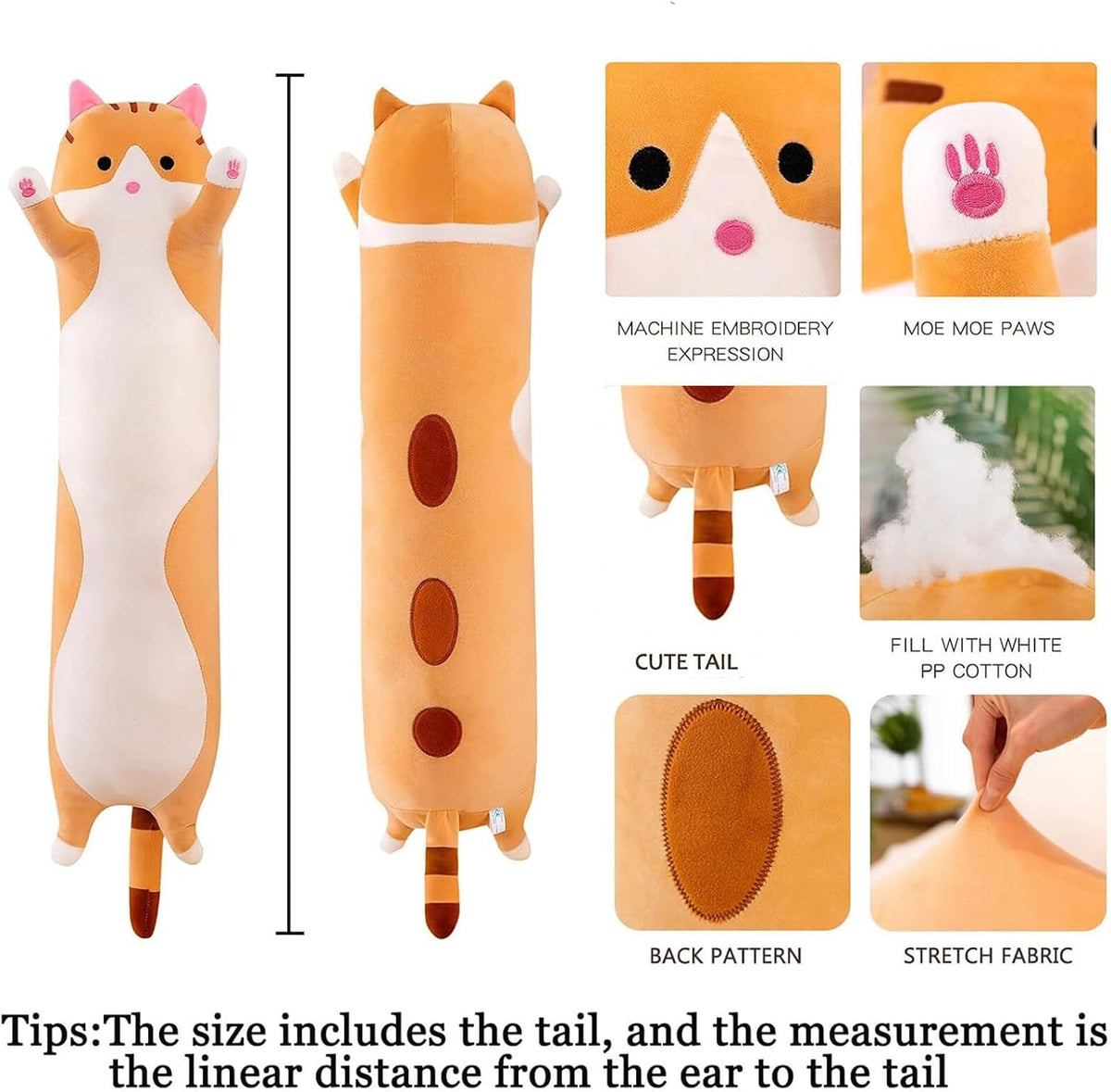 Long Cat Plush Pillow Soft Cat Hugging Pillow Stuffed Animal Pillow - Yellow / 59.05 inches - image 4