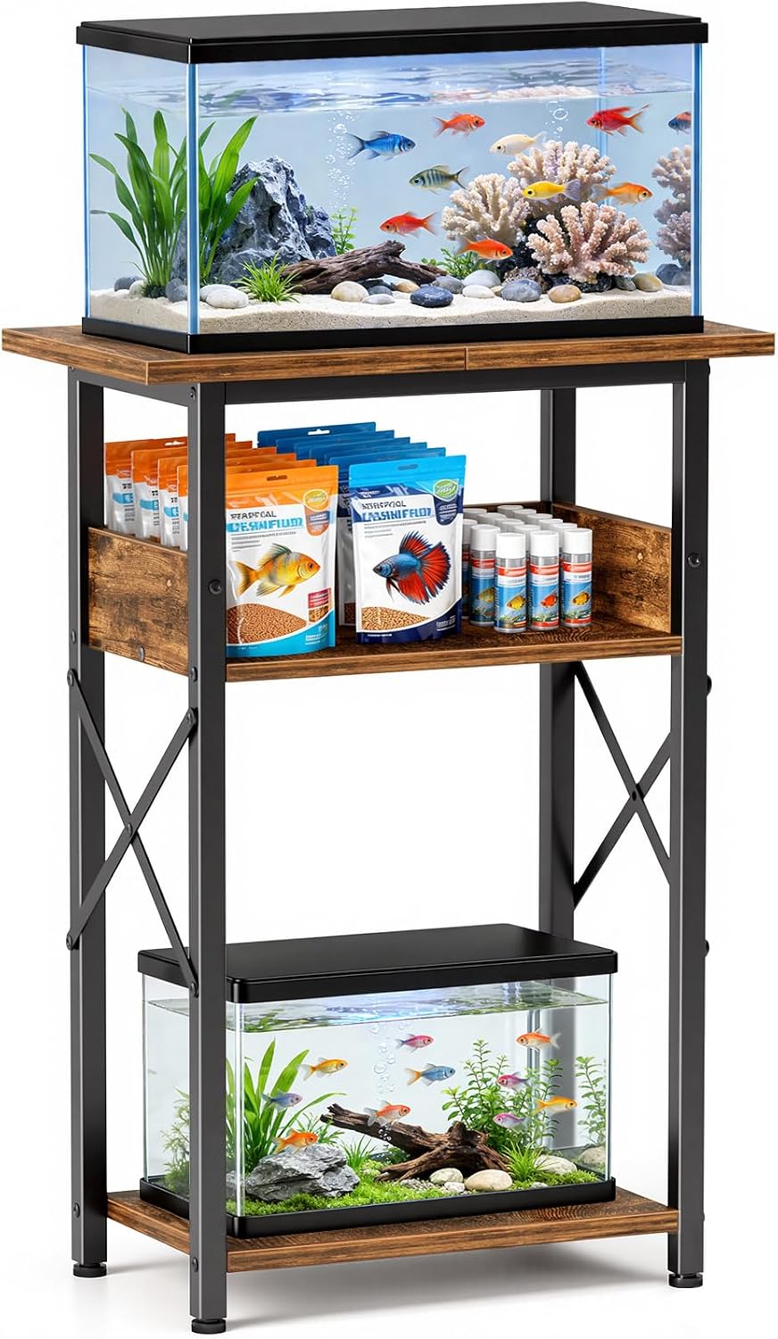 5-10 Gallon Fish Tank Stand with Storage Shelves - Rustic Brown / 10 Gallon-3 Tier