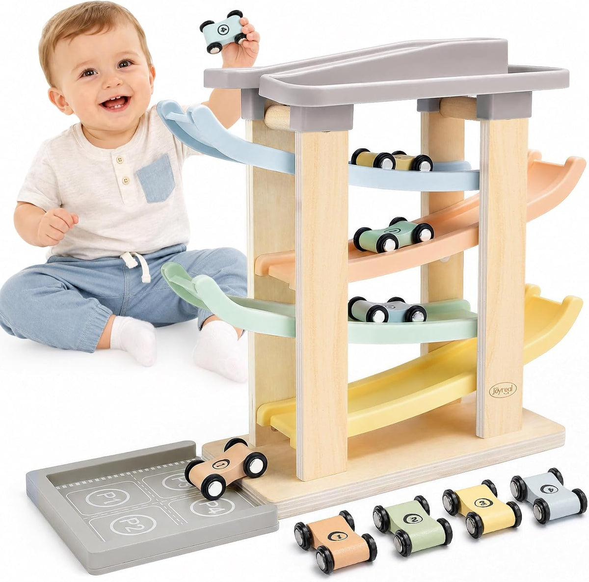 Joyreal Montessori Toddler Toys for 1 2 3 Year Old Wooden Car Ramp - 4 Levels