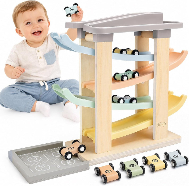 Joyreal Montessori Toddler Toys for 1 2 3 Year Old Wooden Car Ramp - 4 Levels