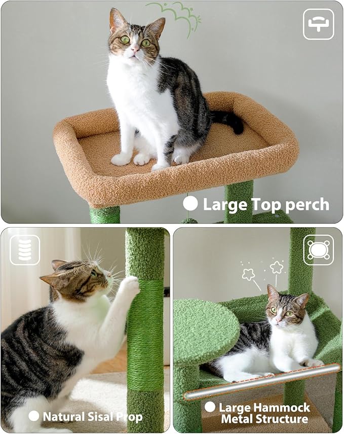 Cactus Cat Tree for Large Cats with Metal Plush Big Hammock, 56.3" Cat Tower for Indoor Cats with 2 Door Condo House, 6-Tier Cat Shelves with Scratching Posts and Large Top Perch,Green