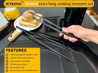 JETKONG 2 Pcs 16-Inch Heavy Duty Plating Tongs, Extra-Long Kitchen Fine Tongs Large Stainless Steel Cooking Forceps (Black)