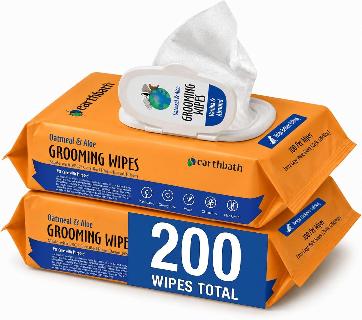 earthbath Oatmeal & Aloe Grooming Wipes - Vanilla & Almond / 100 Count (Pack of 2)