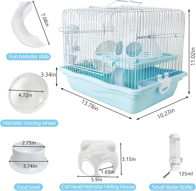 PINVNBY Dwarf Hamster Cage, Small Animal Cages, 2-Tier Travel Portable Mouse Cage Hamster Carrier with Castle House Running Exercise Wheels, Water Bottle and Food Dis（Blue）