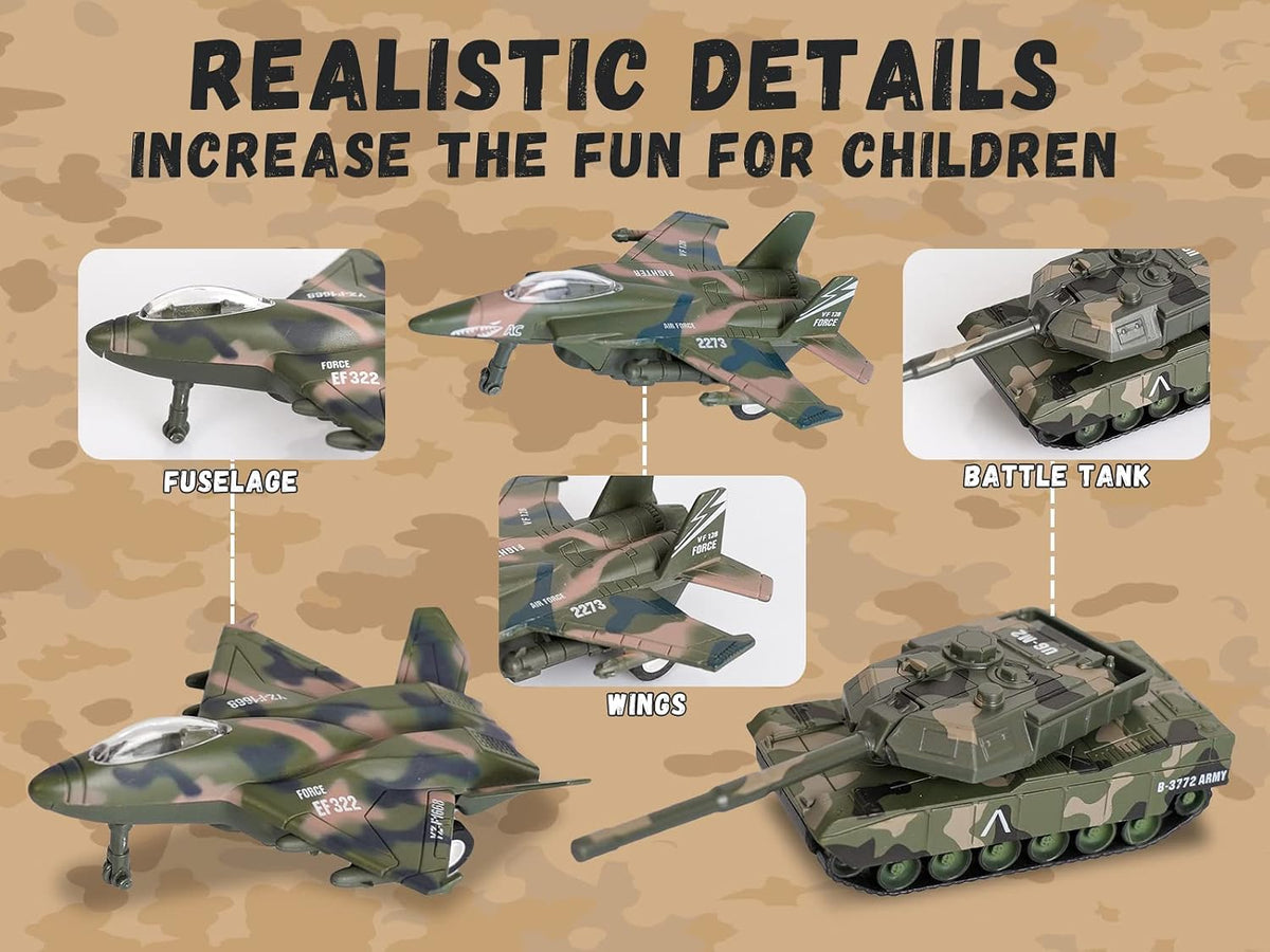 Crelloci 5 pack pull back army toys, three camo fighter jets and two tanks - view 8