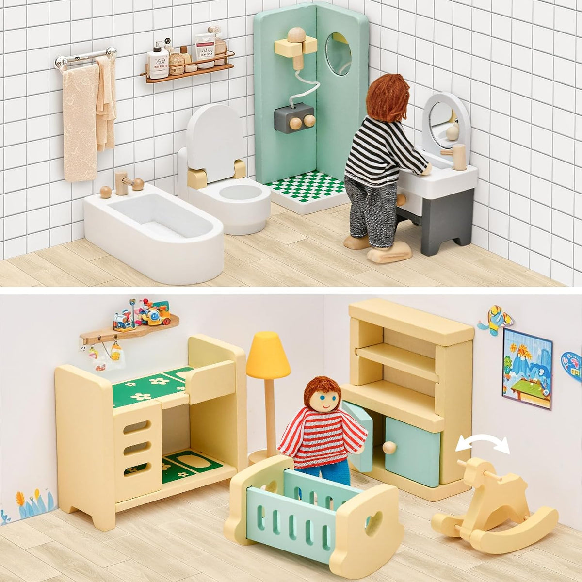 Toyssa 36-piece wooden dollhouse furniture set with kitchen, bedroom and 4 family dolls - view 4