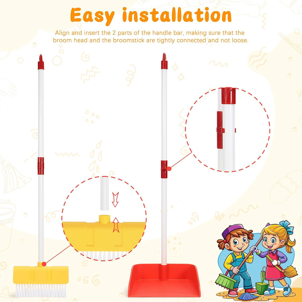 Kids Cleaning Toy Set Toddler Broom & Dustpan Pretend Play - 2pcs - Red and Yellow Set - image 4