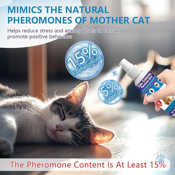 【𝐇𝐢𝐠𝐡𝐥𝐲 𝐄𝐟𝐟𝐞𝐜𝐭𝐢𝐯𝐞】Cat Calming Pheromone Spray for Stress & Anxiety Relief – Reduces Scratching, Urine Spraying, Hiding – Drug-Free & Vet Recommended – with F3 Facial Pheromone 6.76oz
