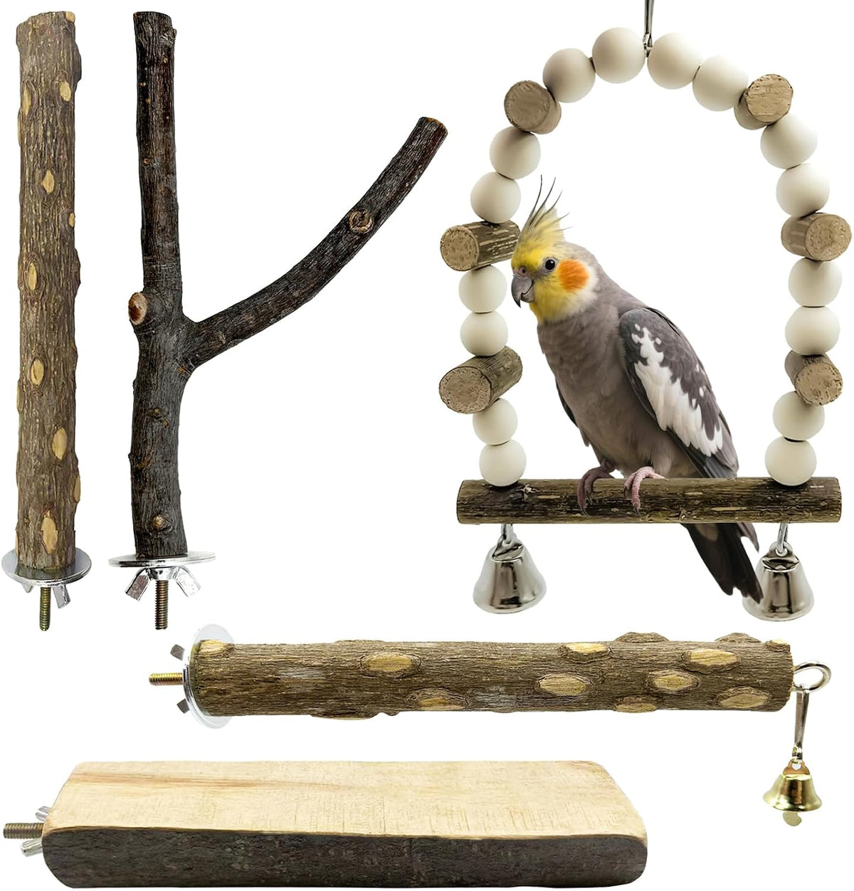 5Pcs Natural Wooden Bird Perch Set, Parrot Perch Toys - Brown / 5PCS-A