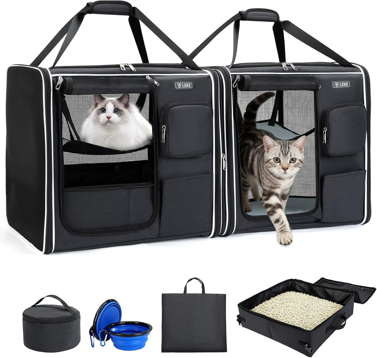 Lekereise Large Cat Carrier for 2 Cats - Foldable Black / L-2 Cats Travel