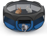 Small Animals Playpen, Waterproof Pet Tent with Zippered Top - Black + Blue